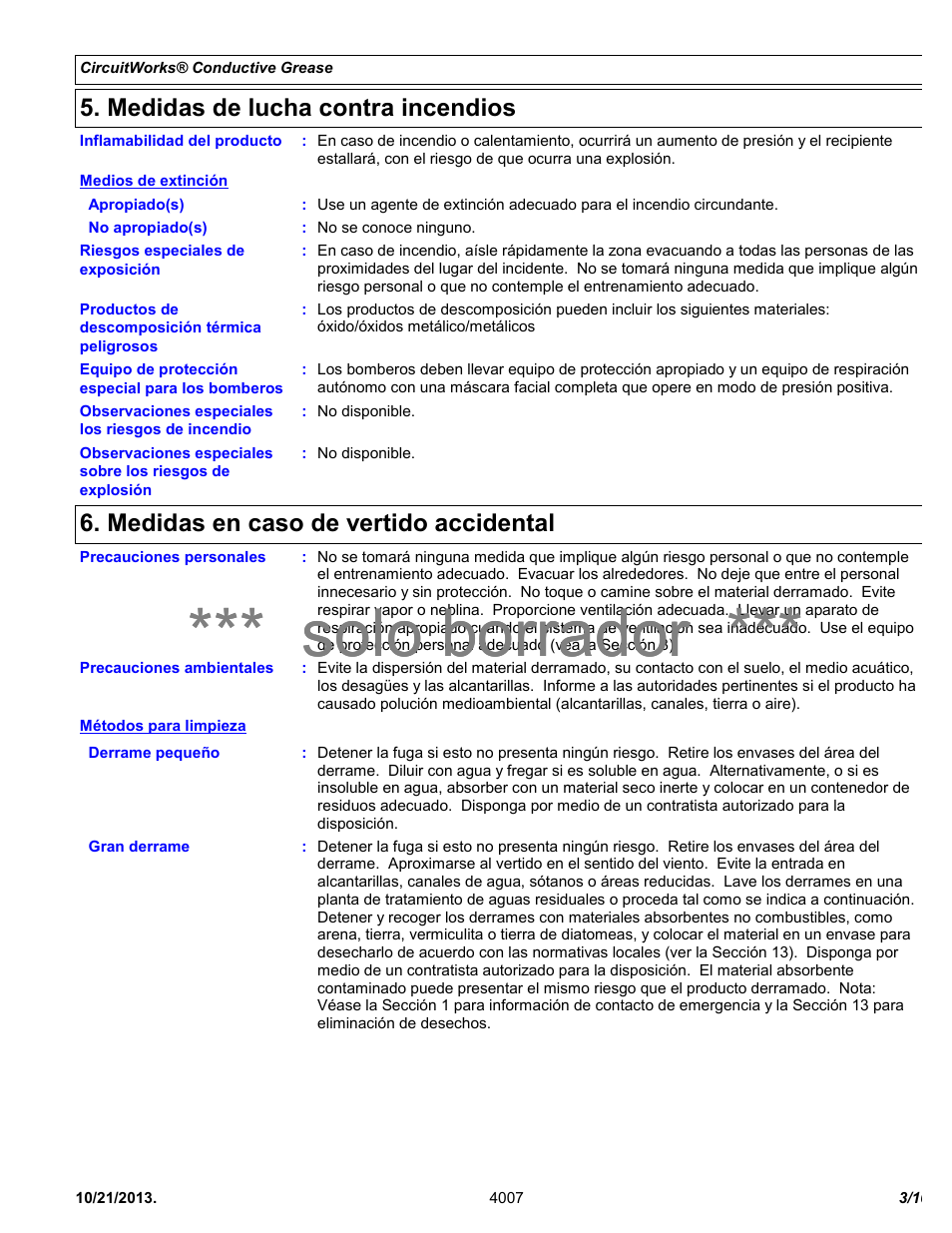 Solo borrador, Medidas de lucha contra incendios, Medidas en caso de vertido accidental | Chemtronics CircuitWorks® Silver Conductive Grease CW7100 User Manual | Page 3 / 10