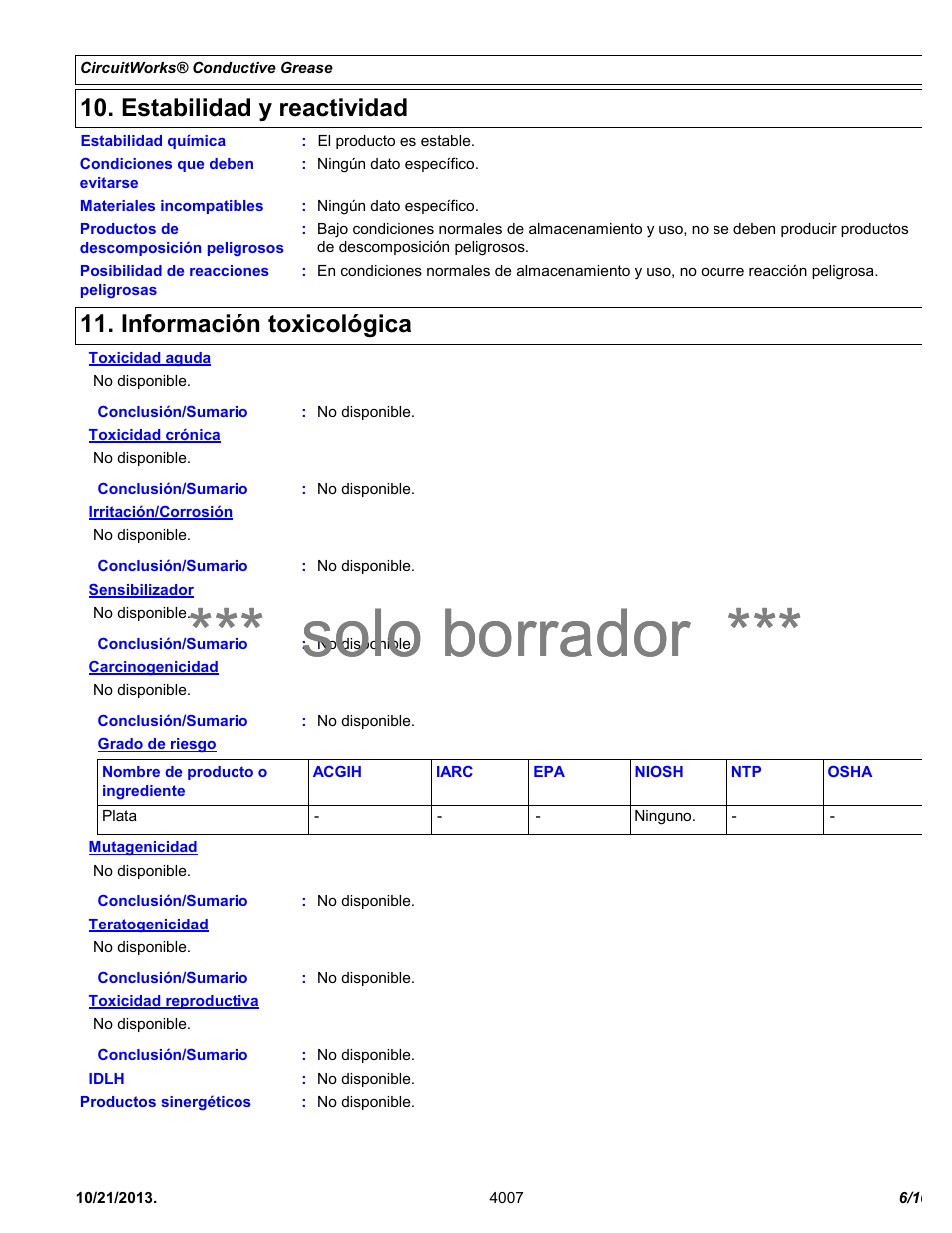 Solo borrador, Estabilidad y reactividad, Información toxicológica | Chemtronics CircuitWorks® Silver Conductive Grease CW7100 User Manual | Page 6 / 10