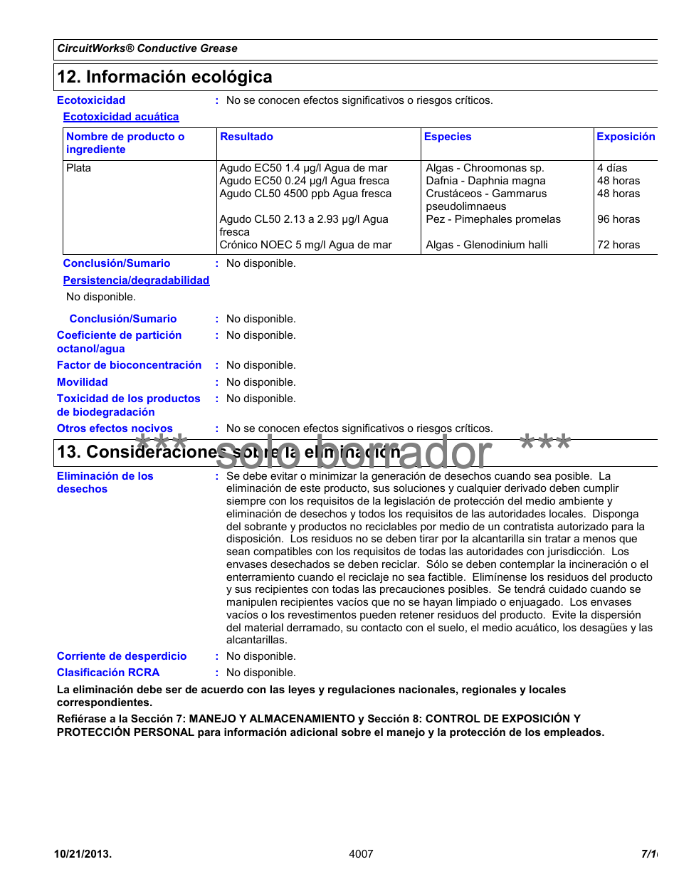 Solo borrador, Información ecológica, Consideraciones sobre la eliminación | Chemtronics CircuitWorks® Silver Conductive Grease CW7100 User Manual | Page 7 / 10