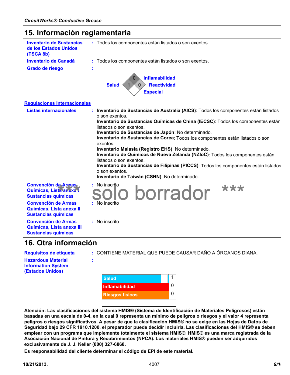 Solo borrador, Información reglamentaria, Otra información | Chemtronics CircuitWorks® Silver Conductive Grease CW7100 User Manual | Page 9 / 10