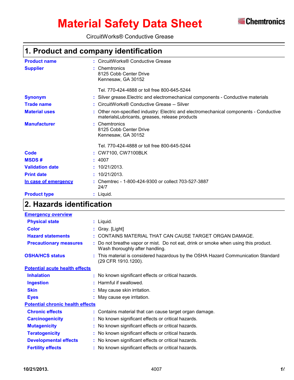 Chemtronics CircuitWorks® Silver Conductive Grease CW7100 User Manual | 9 pages