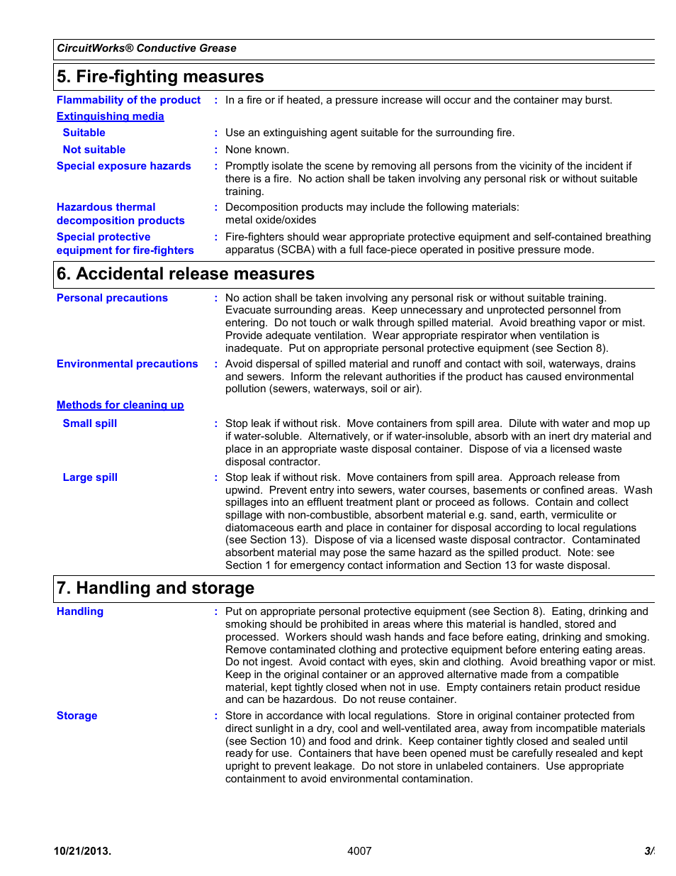 Fire-fighting measures, Accidental release measures, Handling and storage | Chemtronics CircuitWorks® Silver Conductive Grease CW7100 User Manual | Page 3 / 9