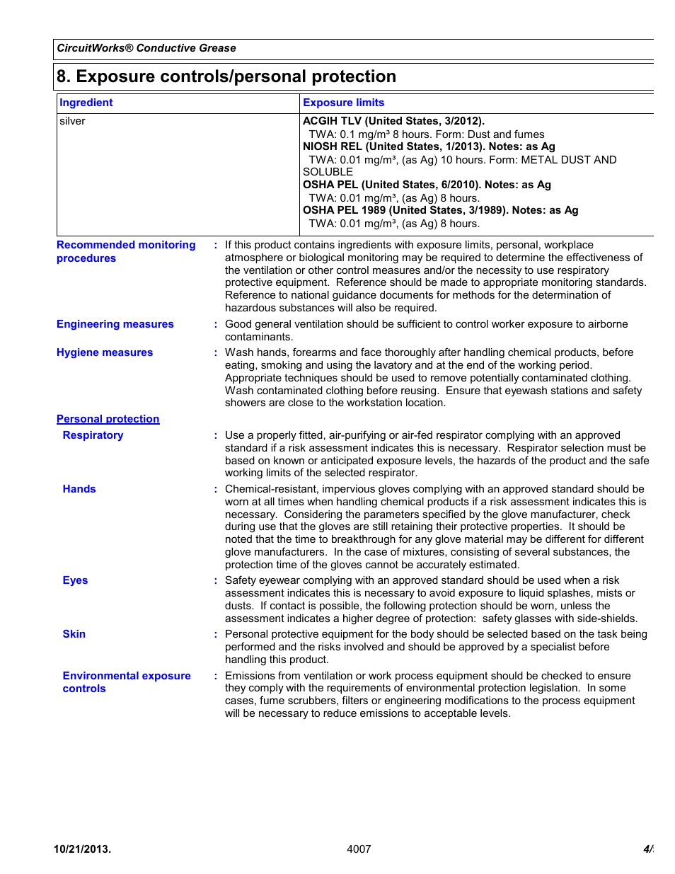 Exposure controls/personal protection | Chemtronics CircuitWorks® Silver Conductive Grease CW7100 User Manual | Page 4 / 9