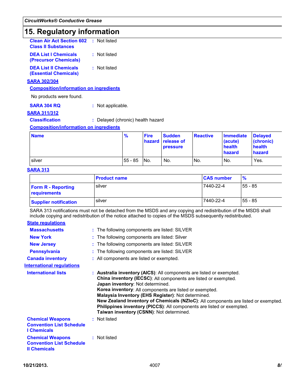 Regulatory information | Chemtronics CircuitWorks® Silver Conductive Grease CW7100 User Manual | Page 8 / 9