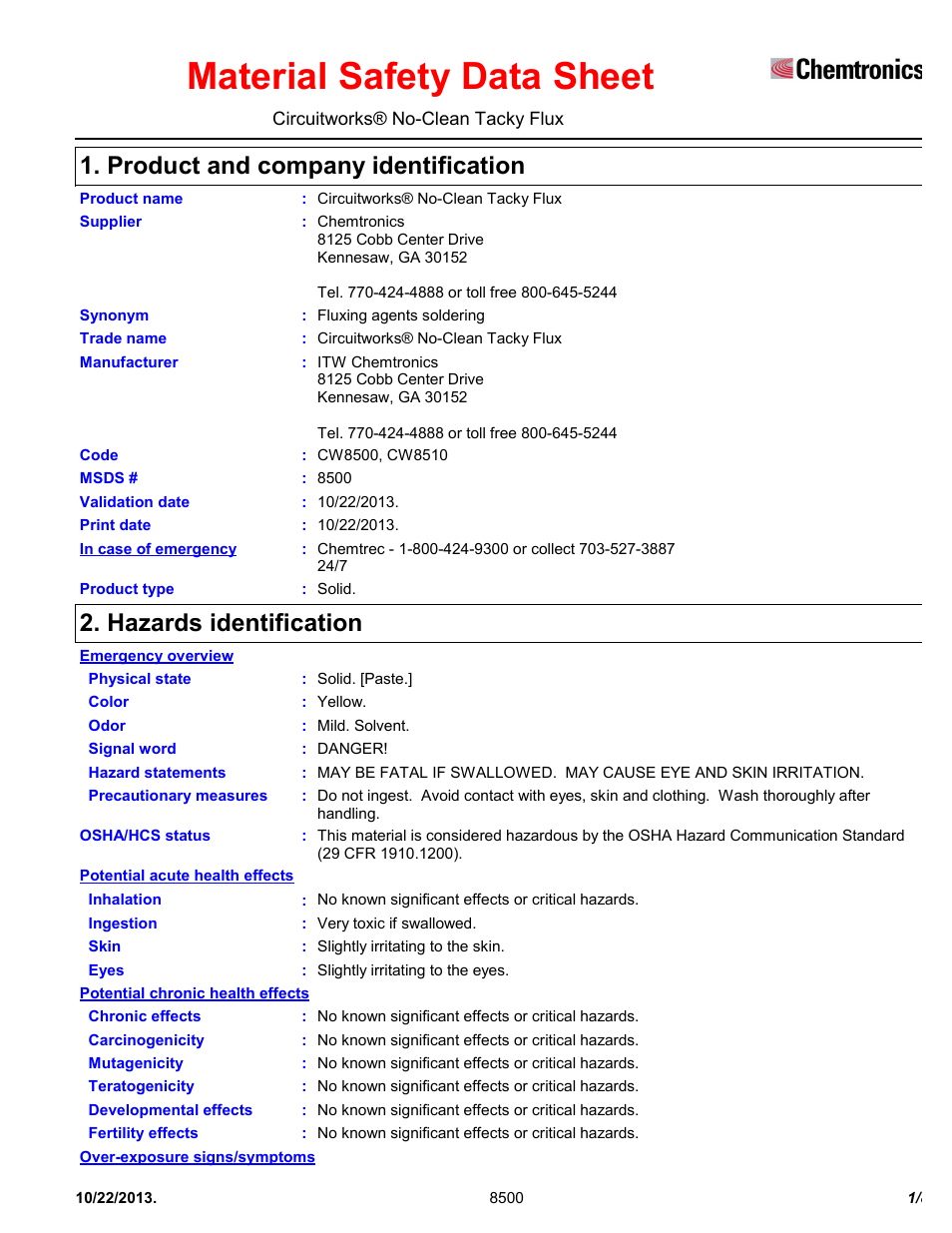 Chemtronics CircuitWorks® No-Clean Tacky Flux CW8510 User Manual | 8 pages