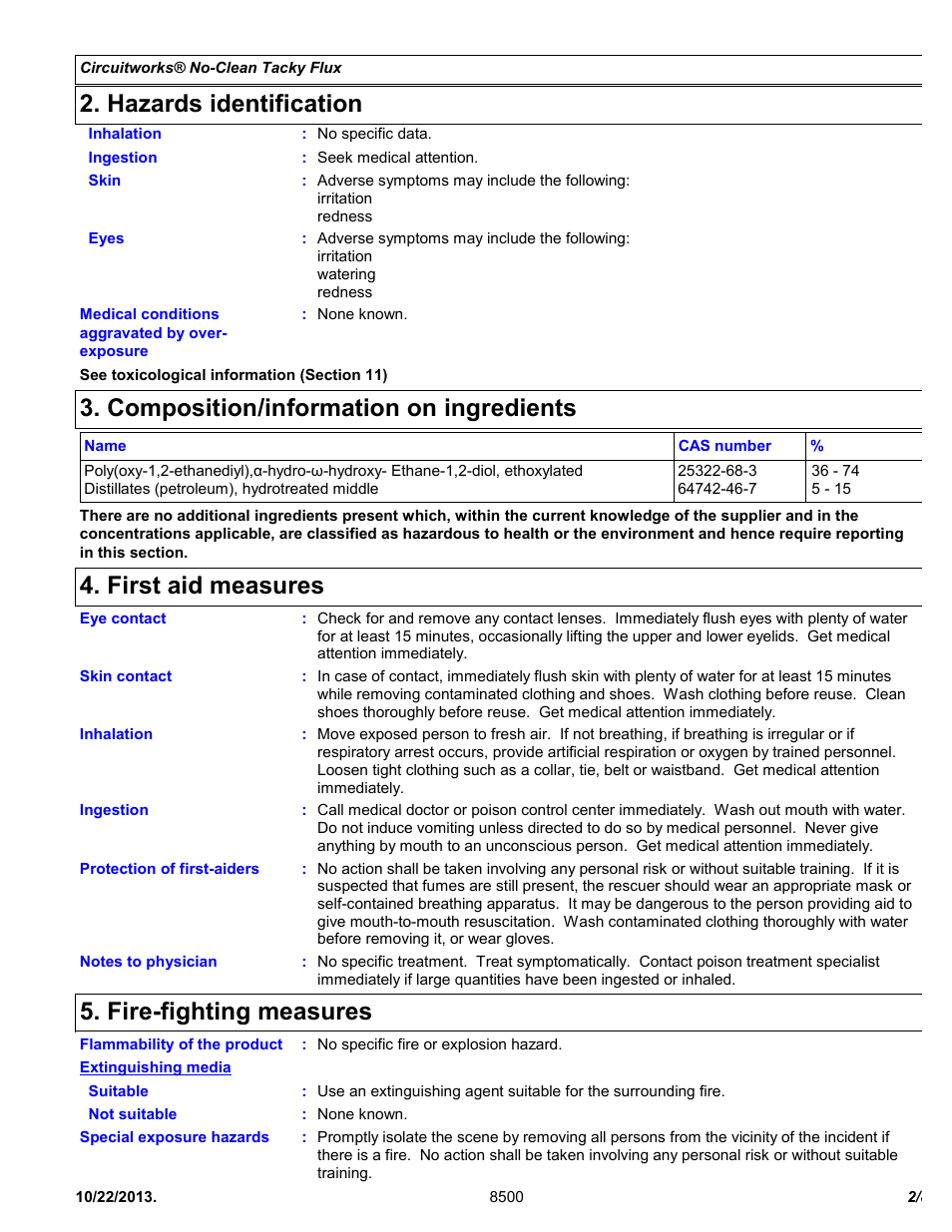 Hazards identification, Composition/information on ingredients, First aid measures | Fire-fighting measures | Chemtronics CircuitWorks® No-Clean Tacky Flux CW8510 User Manual | Page 2 / 8