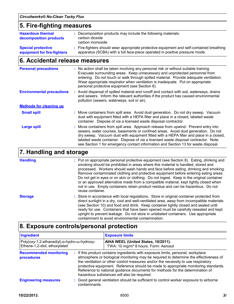 Fire-fighting measures, Accidental release measures, Handling and storage | Exposure controls/personal protection | Chemtronics CircuitWorks® No-Clean Tacky Flux CW8510 User Manual | Page 3 / 8