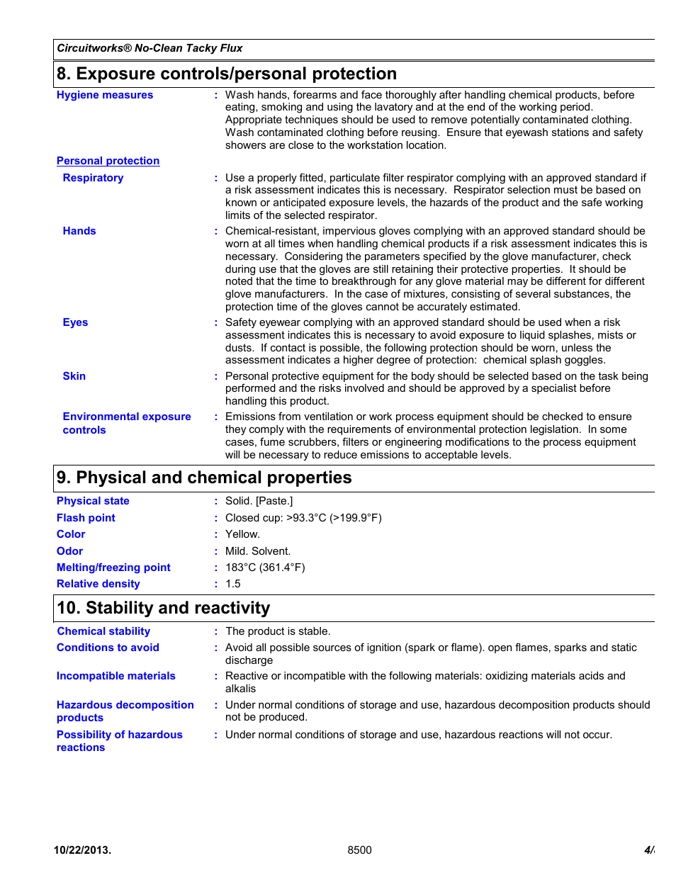 Exposure controls/personal protection, Physical and chemical properties, Stability and reactivity | Chemtronics CircuitWorks® No-Clean Tacky Flux CW8510 User Manual | Page 4 / 8