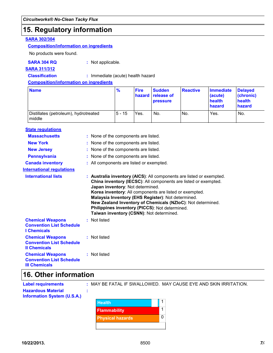 Regulatory information, Other information | Chemtronics CircuitWorks® No-Clean Tacky Flux CW8510 User Manual | Page 7 / 8