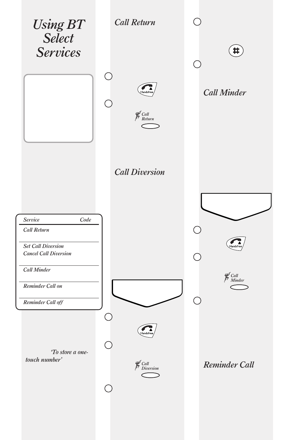 Using bt select services, Call return, Call diversion | Call minder, Reminder call | BT 320 User Manual | Page 8 / 11