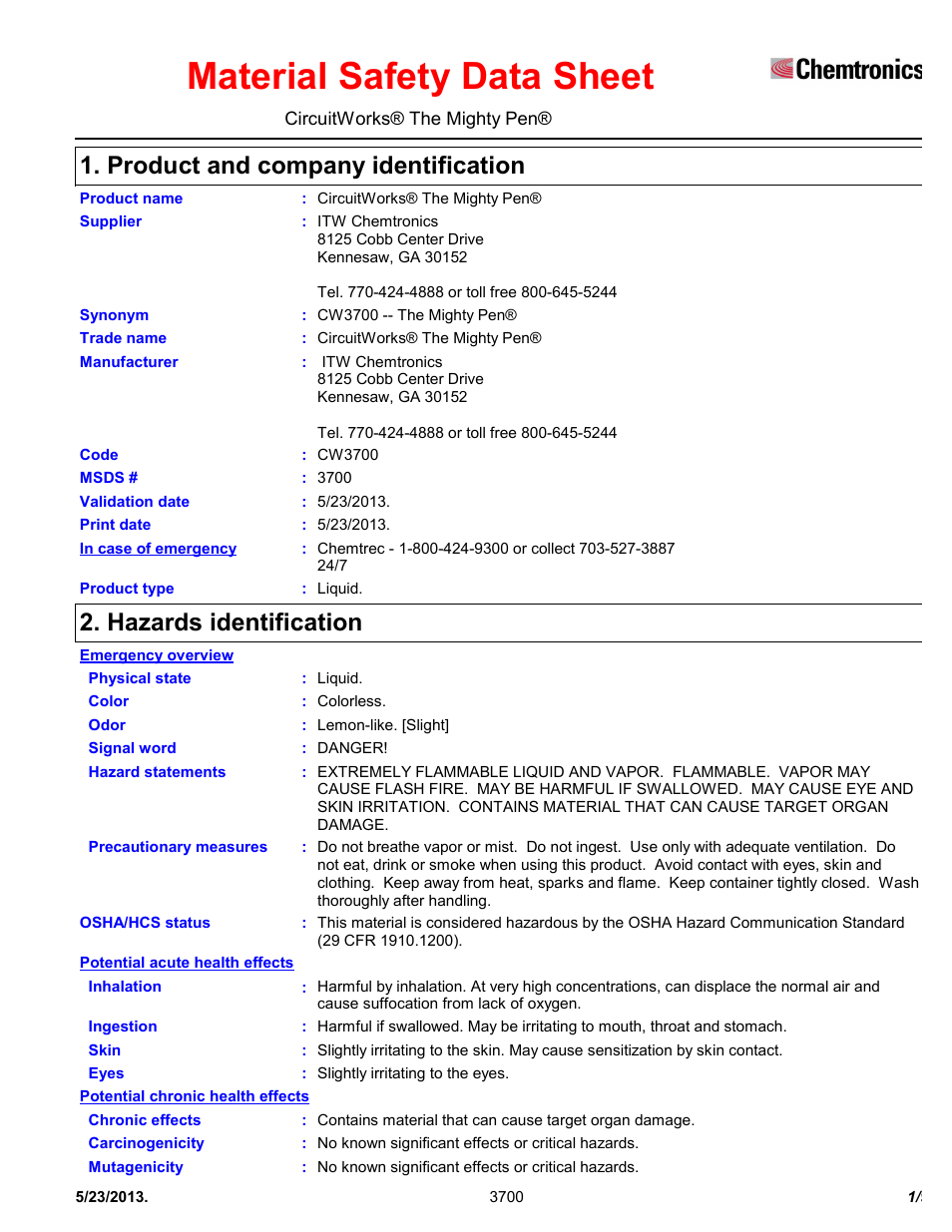 Chemtronics CircuitWorks The Mighty Pen CW3700 User Manual | 9 pages