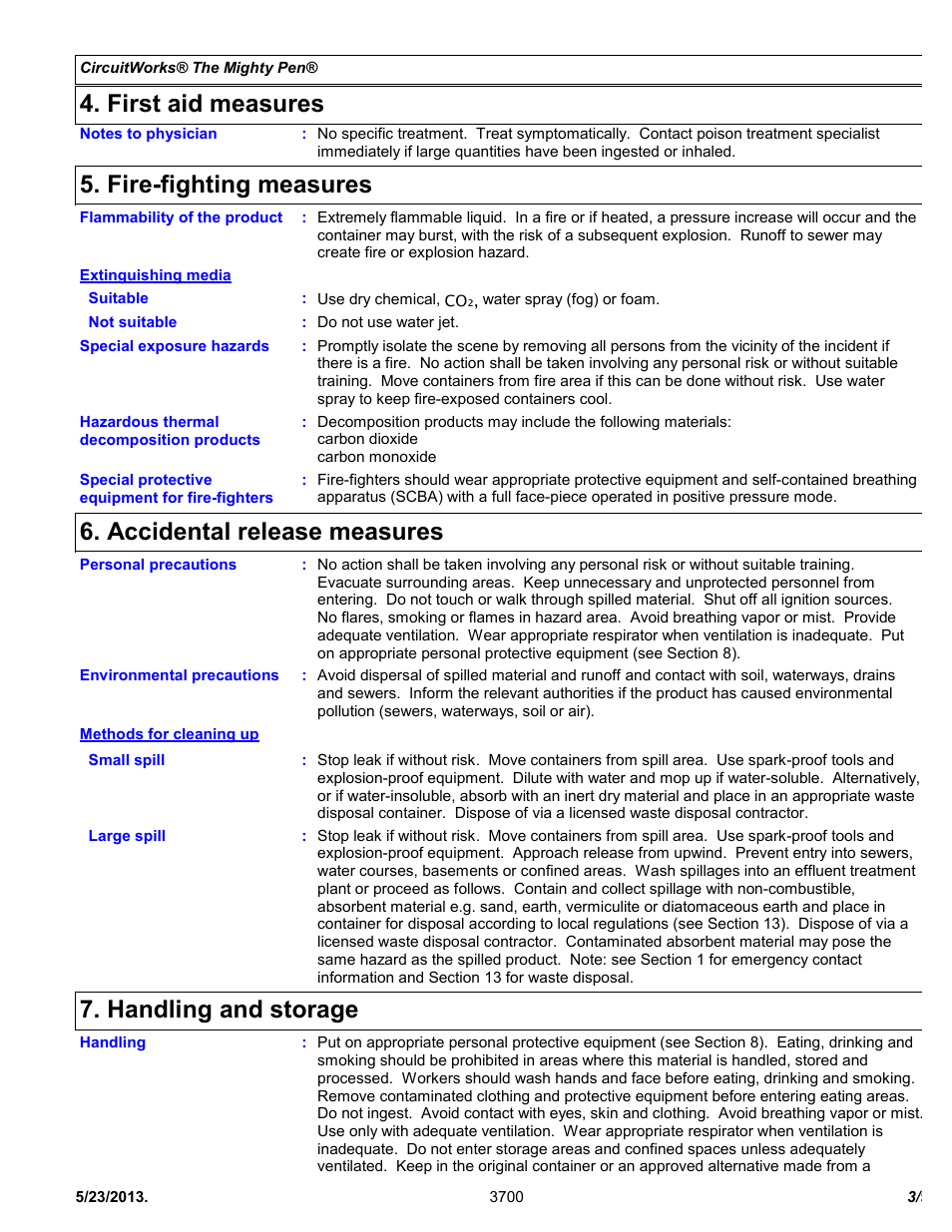 First aid measures, Fire-fighting measures, Accidental release measures | Handling and storage | Chemtronics CircuitWorks The Mighty Pen CW3700 User Manual | Page 3 / 9