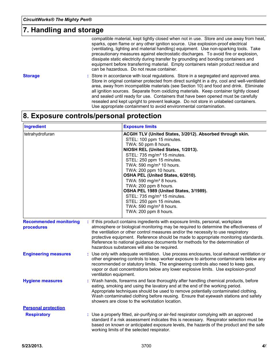 Handling and storage, Exposure controls/personal protection | Chemtronics CircuitWorks The Mighty Pen CW3700 User Manual | Page 4 / 9