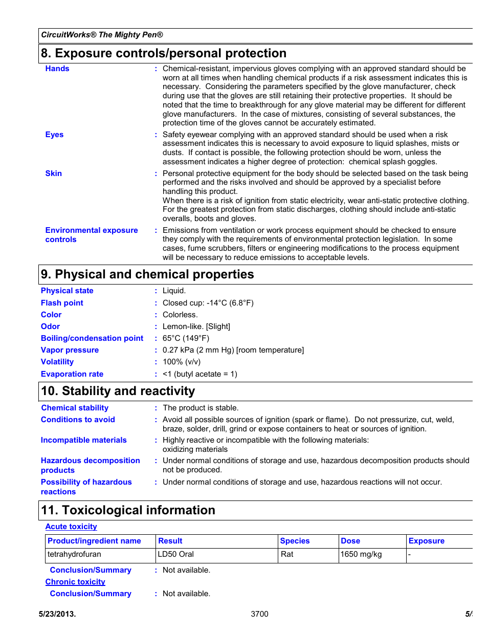 Exposure controls/personal protection, Physical and chemical properties, Stability and reactivity | Toxicological information | Chemtronics CircuitWorks The Mighty Pen CW3700 User Manual | Page 5 / 9