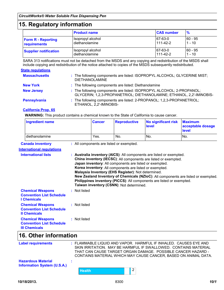 Regulatory information, Other information | Chemtronics CircuitWorks Water Soluble Flux Dispensing Pen CW8300 User Manual | Page 10 / 11