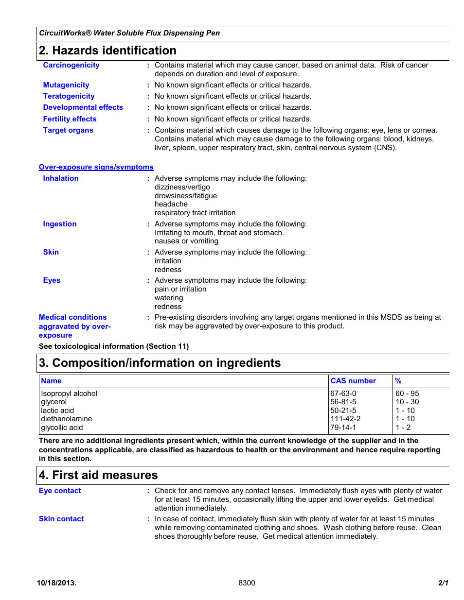 Hazards identification, Composition/information on ingredients, First aid measures | Chemtronics CircuitWorks Water Soluble Flux Dispensing Pen CW8300 User Manual | Page 2 / 11