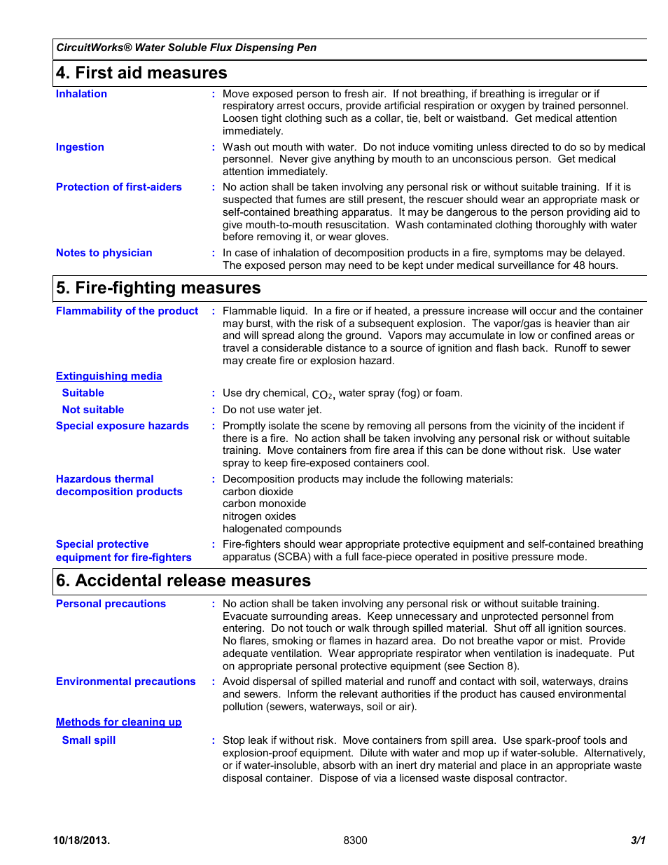 First aid measures, Fire-fighting measures, Accidental release measures | Chemtronics CircuitWorks Water Soluble Flux Dispensing Pen CW8300 User Manual | Page 3 / 11