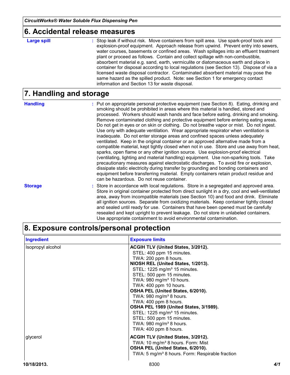 Accidental release measures, Handling and storage, Exposure controls/personal protection | Chemtronics CircuitWorks Water Soluble Flux Dispensing Pen CW8300 User Manual | Page 4 / 11