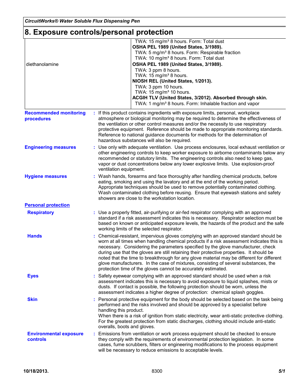 Exposure controls/personal protection | Chemtronics CircuitWorks Water Soluble Flux Dispensing Pen CW8300 User Manual | Page 5 / 11