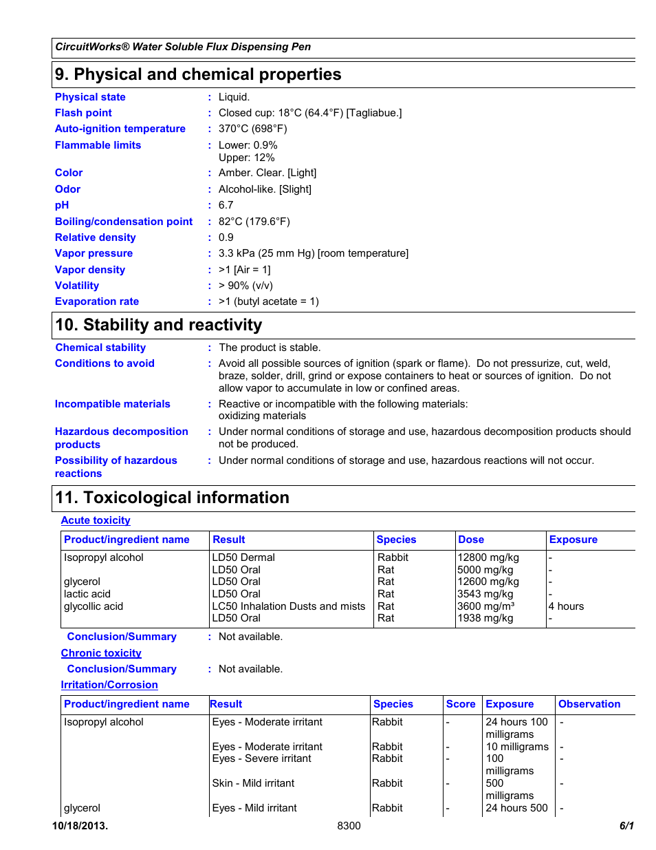 Physical and chemical properties, Stability and reactivity, Toxicological information | Chemtronics CircuitWorks Water Soluble Flux Dispensing Pen CW8300 User Manual | Page 6 / 11
