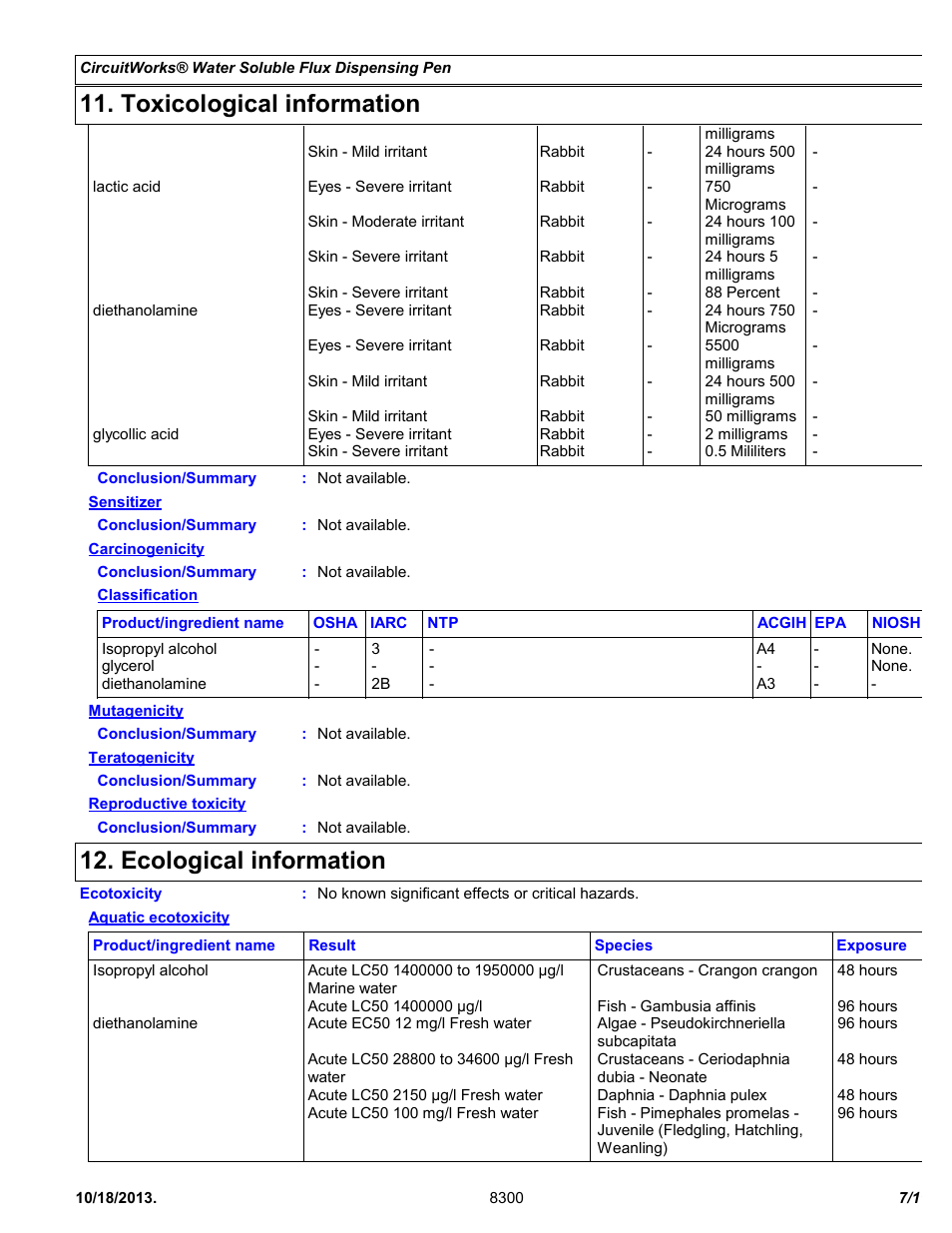Toxicological information, Ecological information | Chemtronics CircuitWorks Water Soluble Flux Dispensing Pen CW8300 User Manual | Page 7 / 11