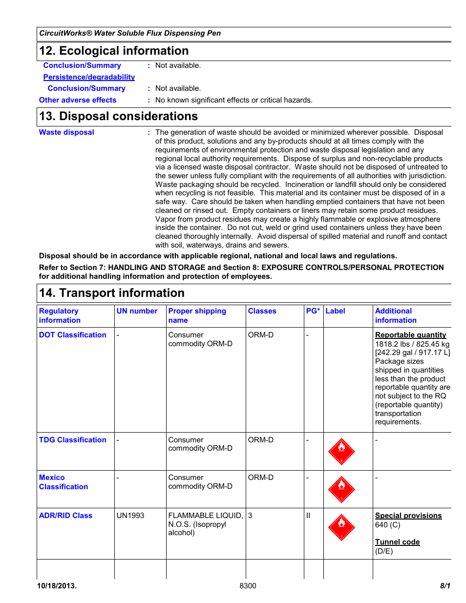 Ecological information, Disposal considerations, Transport information | Chemtronics CircuitWorks Water Soluble Flux Dispensing Pen CW8300 User Manual | Page 8 / 11