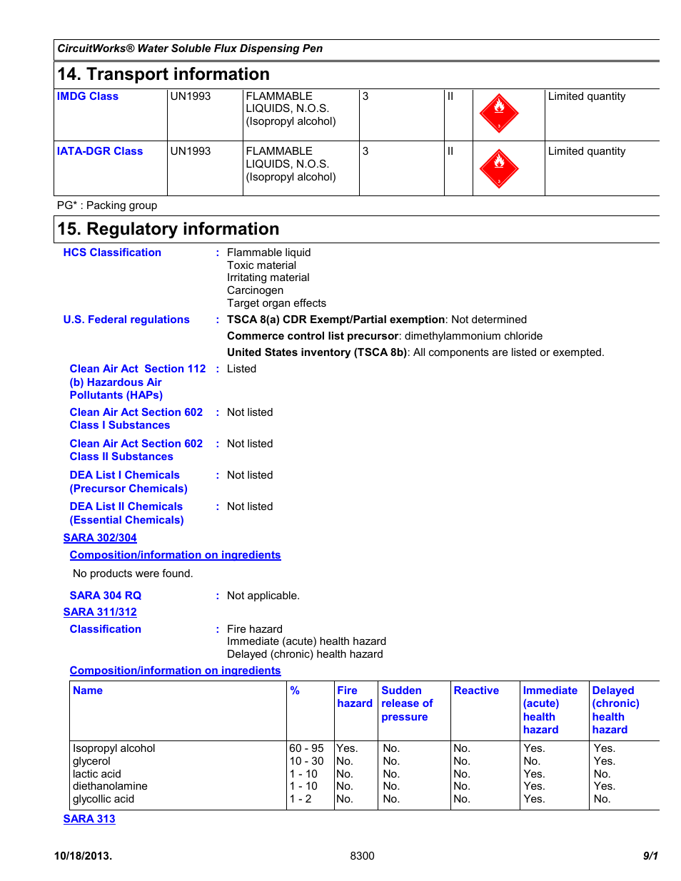 Transport information, Regulatory information | Chemtronics CircuitWorks Water Soluble Flux Dispensing Pen CW8300 User Manual | Page 9 / 11