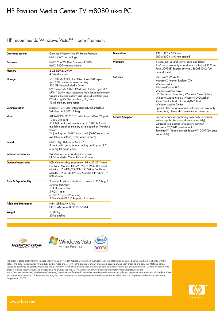 Hp pavilion media center tv m8080.uk-a pc | BT m8080 User Manual | Page 2 / 2