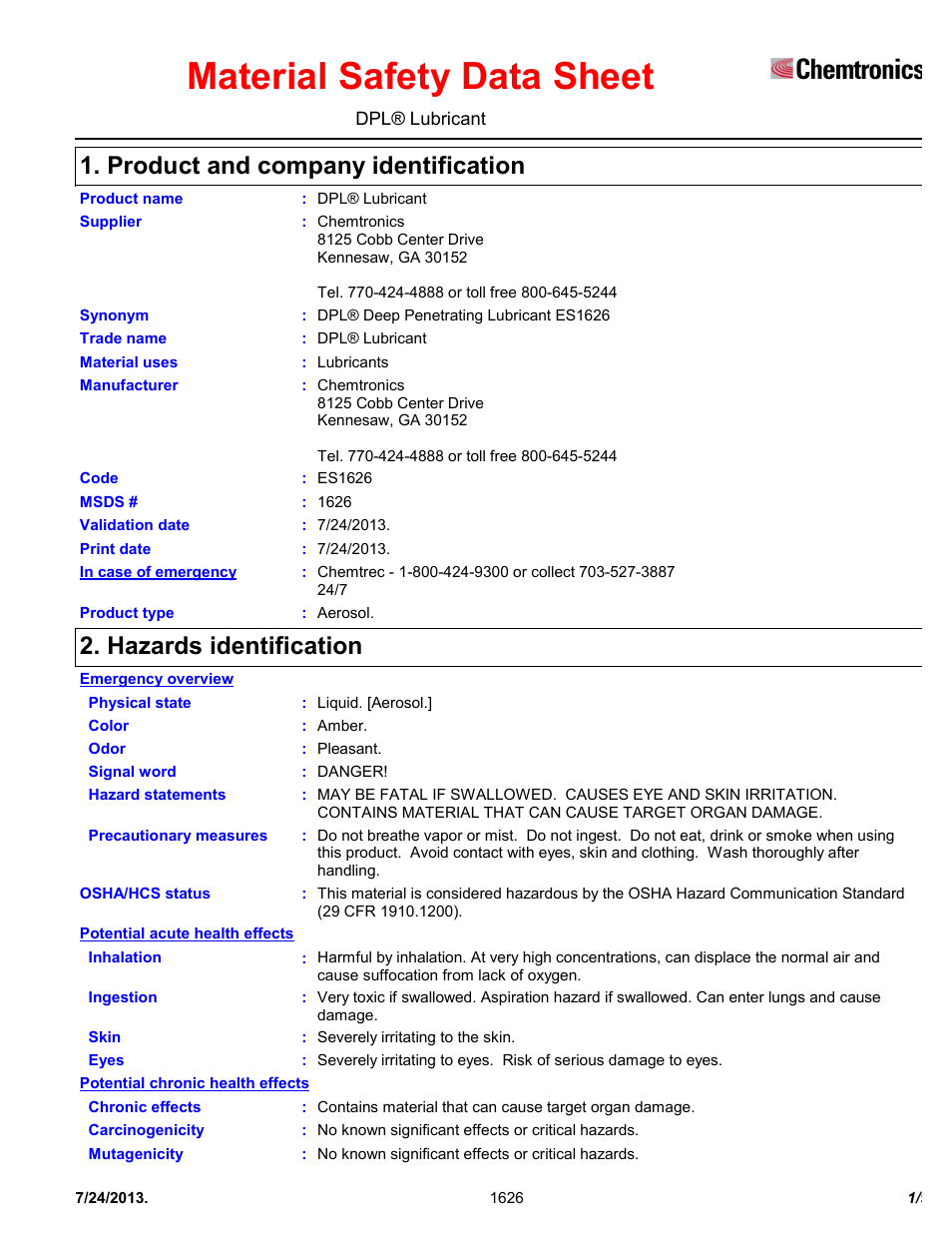 Chemtronics DPL Deep Penetrating Lubricant ES1626 User Manual | 9 pages