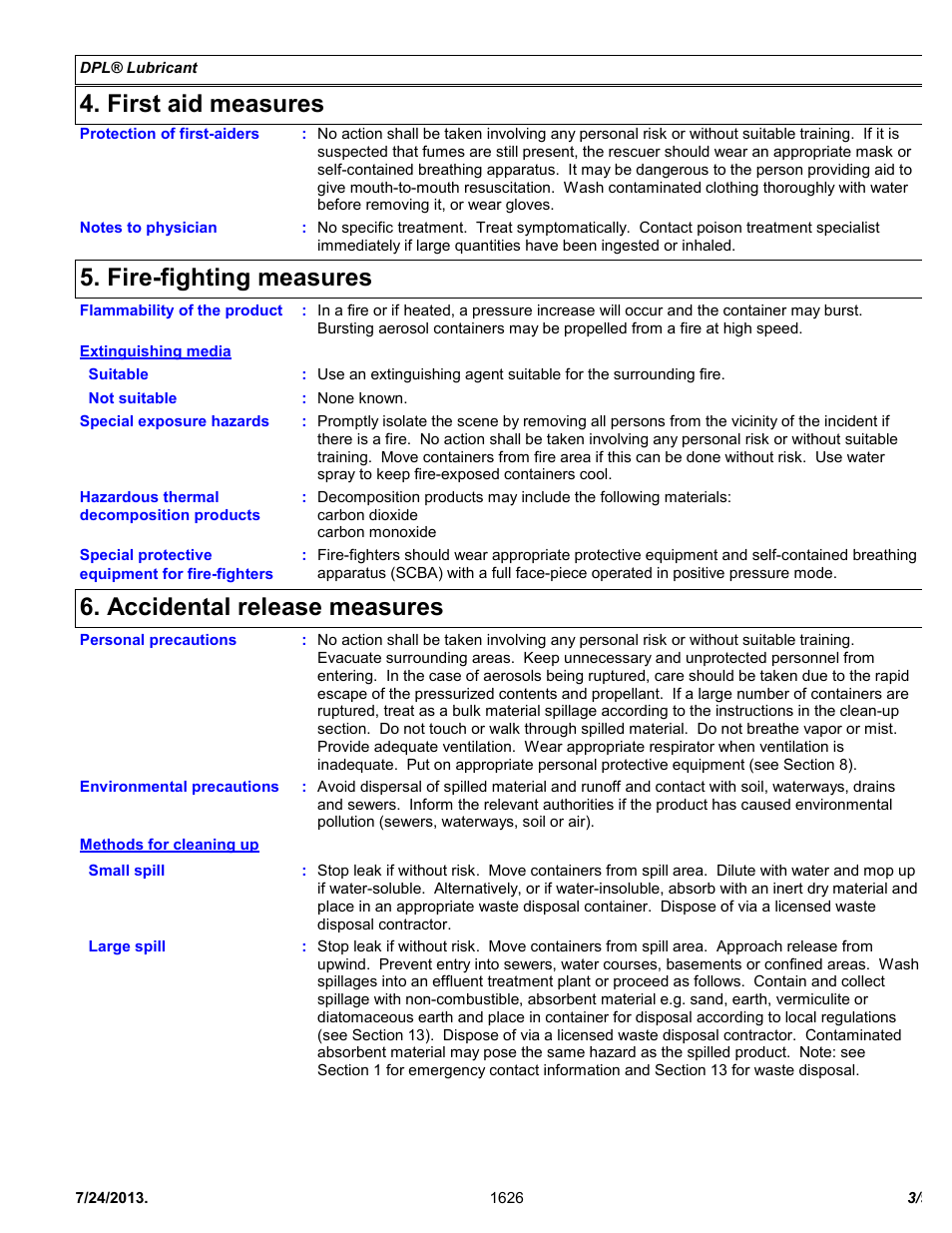 First aid measures, Fire-fighting measures, Accidental release measures | Chemtronics DPL Deep Penetrating Lubricant ES1626 User Manual | Page 3 / 9