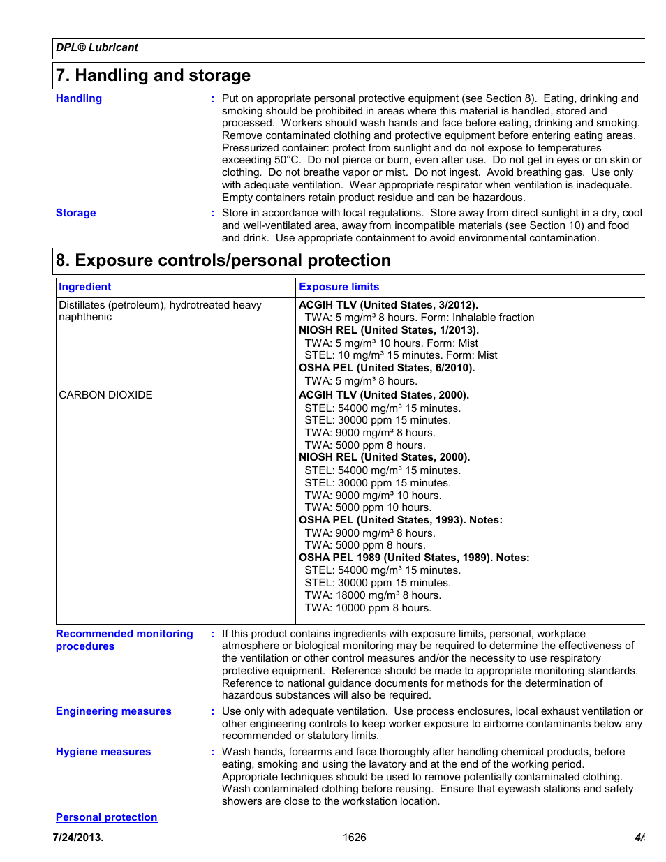 Handling and storage, Exposure controls/personal protection | Chemtronics DPL Deep Penetrating Lubricant ES1626 User Manual | Page 4 / 9