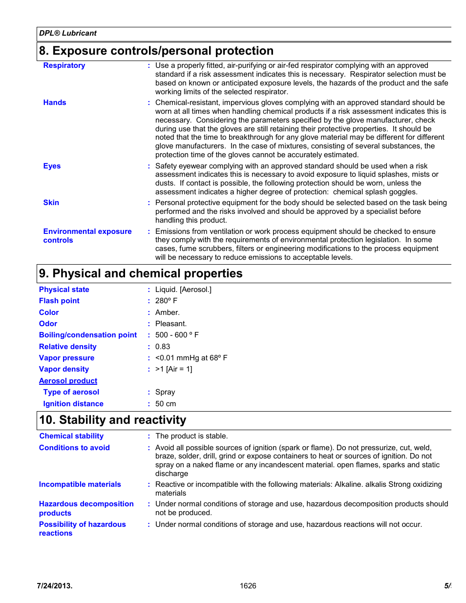 Exposure controls/personal protection, Physical and chemical properties, Stability and reactivity | Chemtronics DPL Deep Penetrating Lubricant ES1626 User Manual | Page 5 / 9