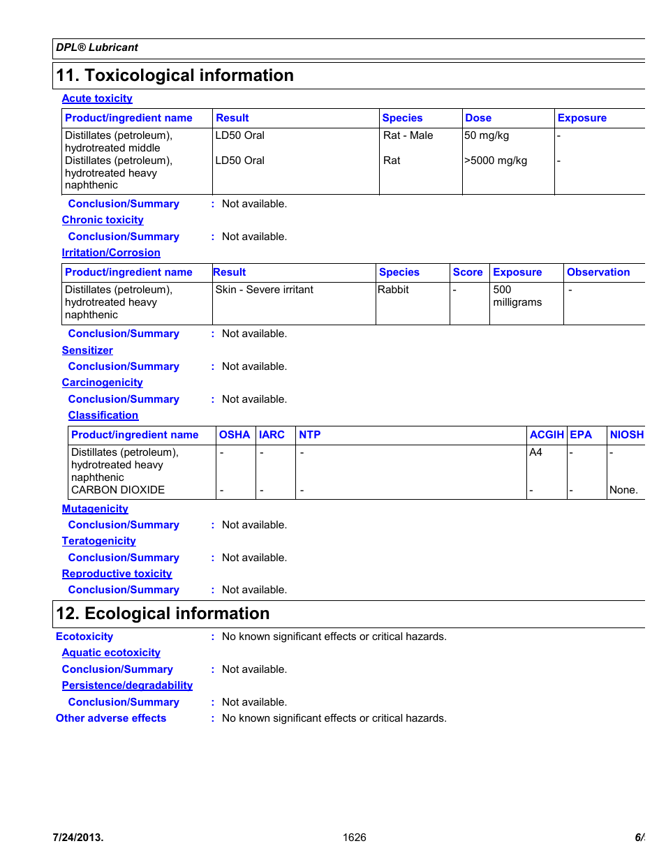 Toxicological information, Ecological information | Chemtronics DPL Deep Penetrating Lubricant ES1626 User Manual | Page 6 / 9