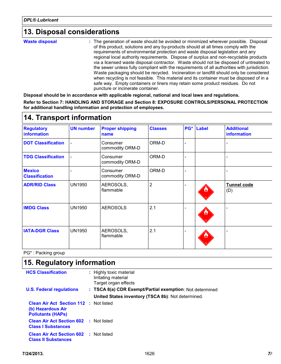 Disposal considerations, Transport information, Regulatory information | Chemtronics DPL Deep Penetrating Lubricant ES1626 User Manual | Page 7 / 9