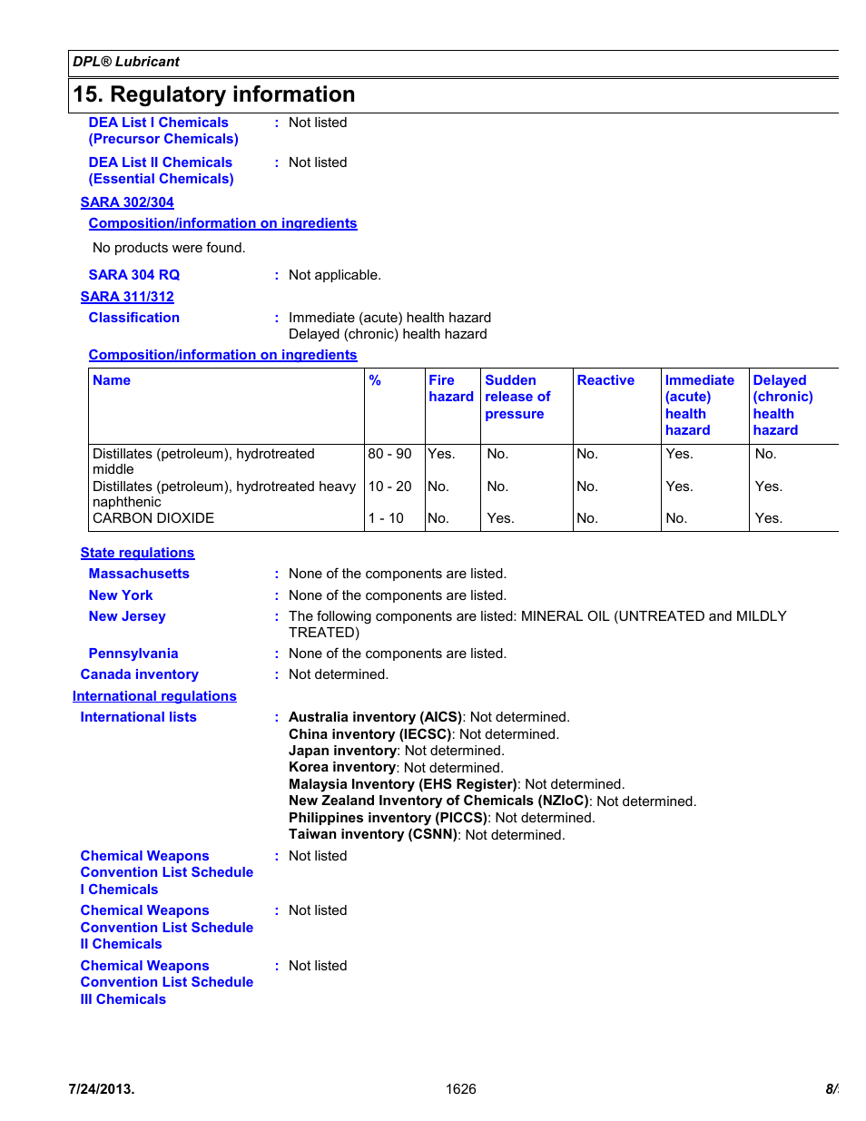 Regulatory information | Chemtronics DPL Deep Penetrating Lubricant ES1626 User Manual | Page 8 / 9
