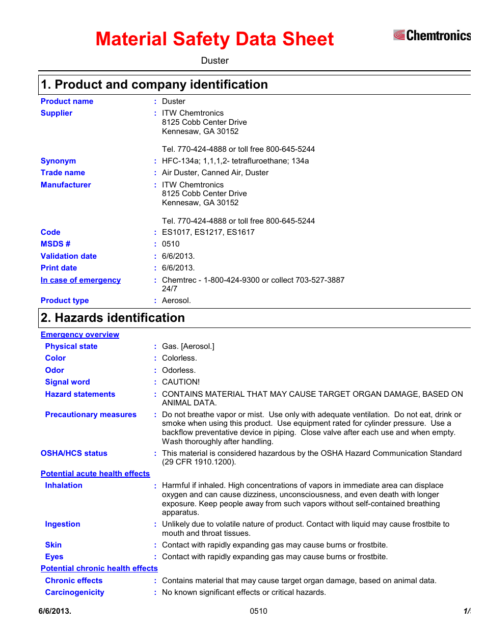 Chemtronics Duster ES1617 User Manual | 9 pages