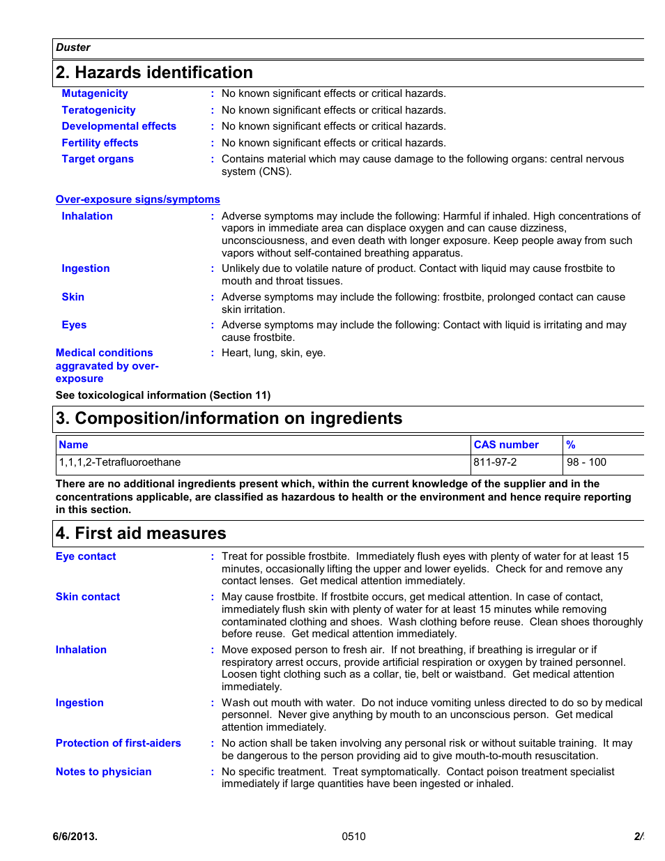 Hazards identification, Composition/information on ingredients, First aid measures | Chemtronics Duster ES1617 User Manual | Page 2 / 9