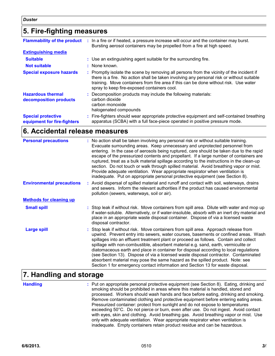 Fire-fighting measures, Accidental release measures, Handling and storage | Chemtronics Duster ES1617 User Manual | Page 3 / 9
