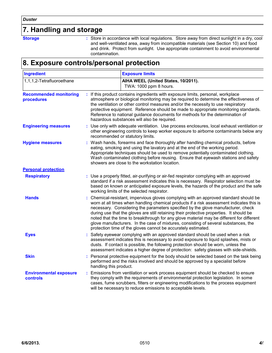 Handling and storage, Exposure controls/personal protection | Chemtronics Duster ES1617 User Manual | Page 4 / 9