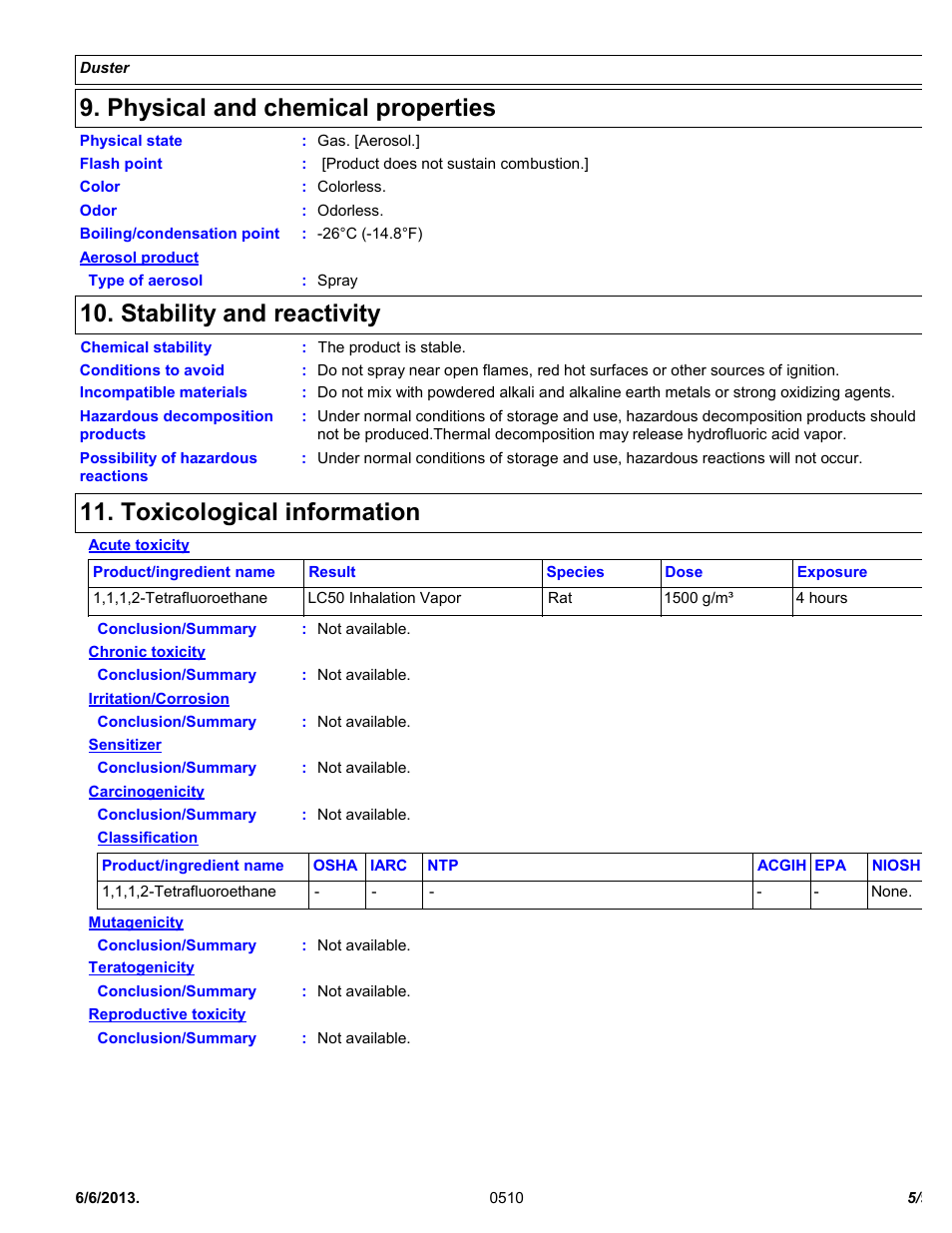 Physical and chemical properties, Stability and reactivity, Toxicological information | Chemtronics Duster ES1617 User Manual | Page 5 / 9