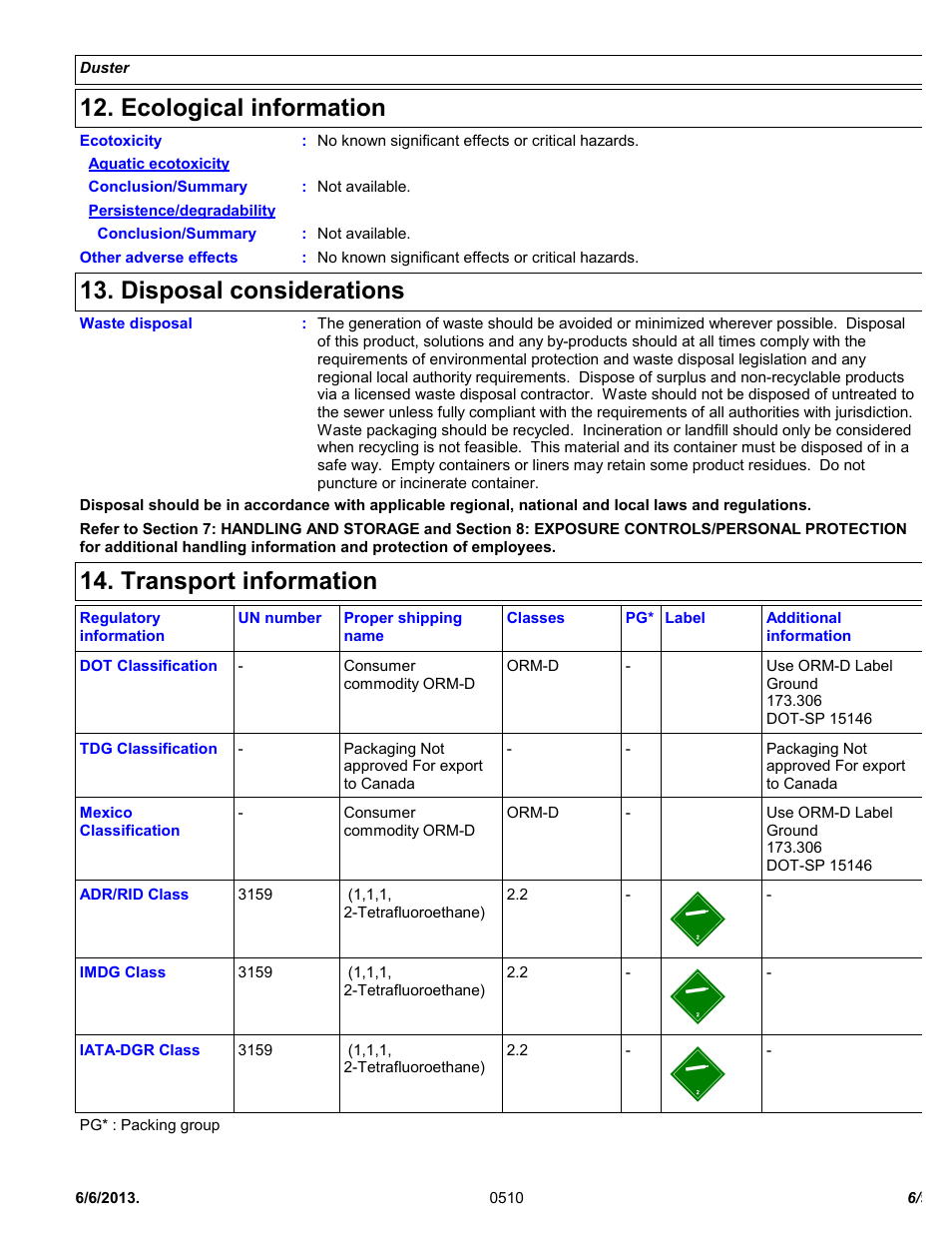 Ecological information, Disposal considerations, Transport information | Chemtronics Duster ES1617 User Manual | Page 6 / 9