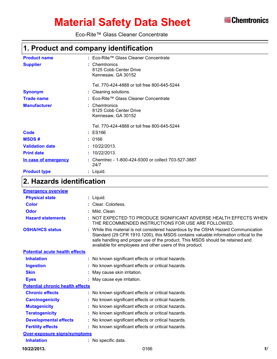 Chemtronics Eco-Rite Glass Cleaner ES166 User Manual | 7 pages