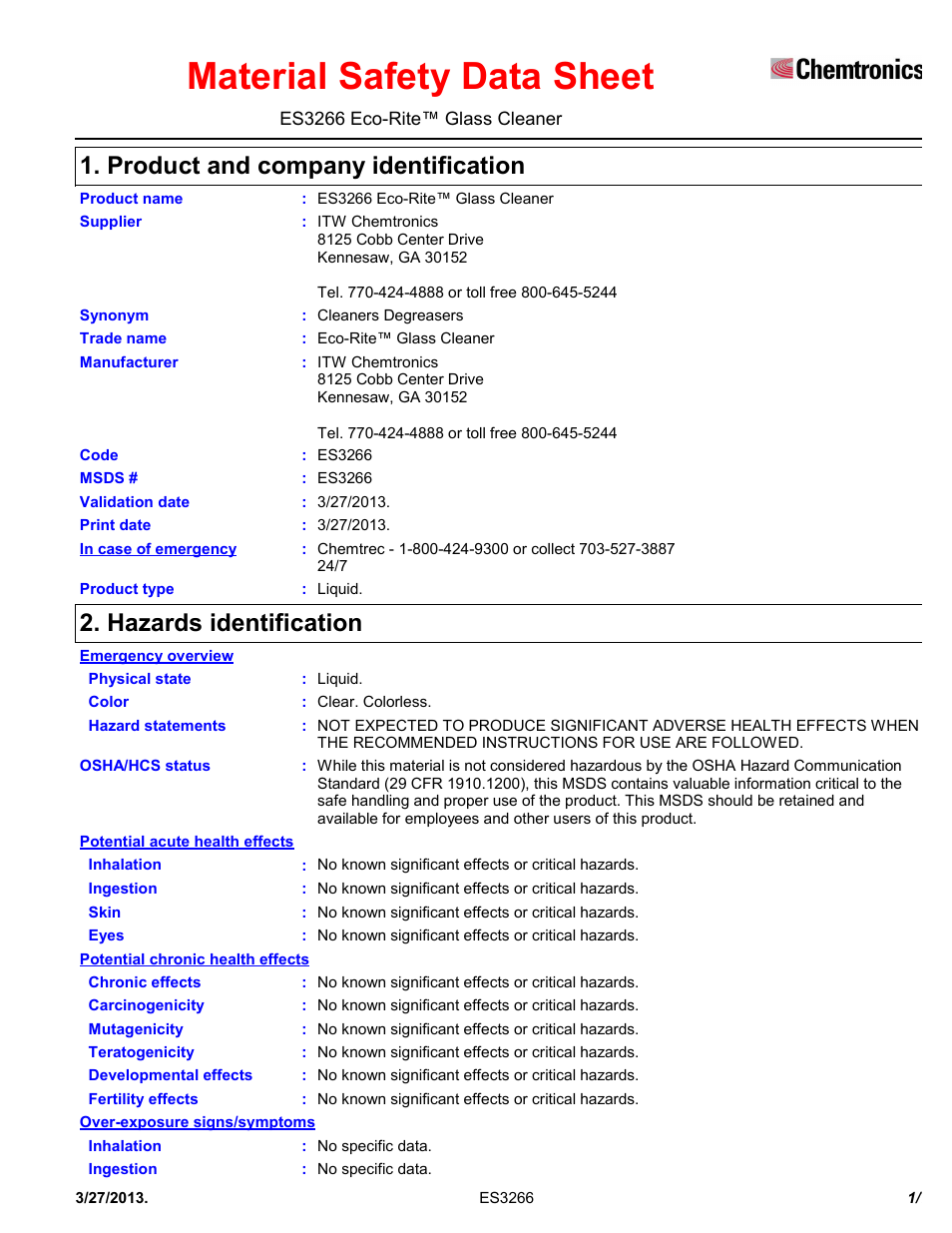 Chemtronics Eco-Rite Glass Cleaner ES3266 User Manual | 7 pages