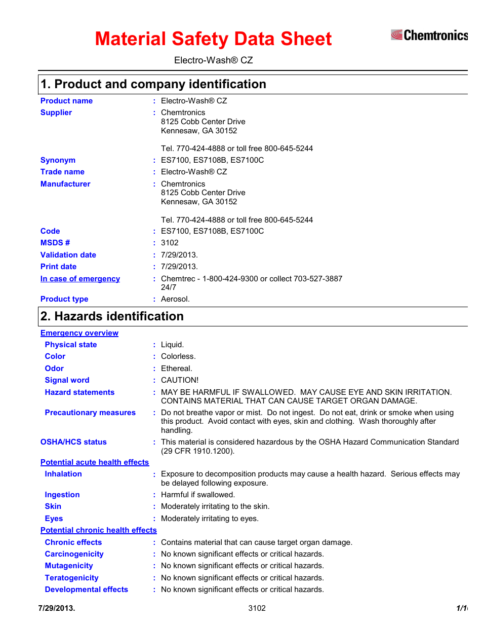 Chemtronics Electro-Wash CZ ES7100 User Manual | 10 pages