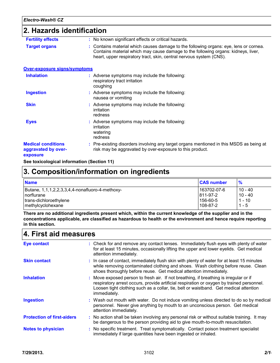 Hazards identification, Composition/information on ingredients, First aid measures | Chemtronics Electro-Wash CZ ES7100 User Manual | Page 2 / 10