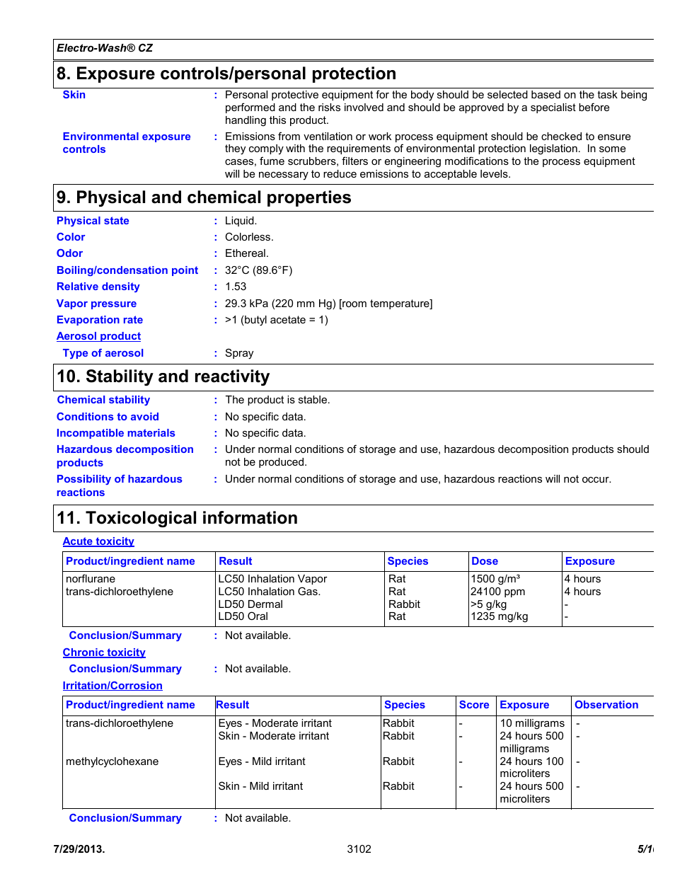 Exposure controls/personal protection, Physical and chemical properties, Stability and reactivity | Toxicological information | Chemtronics Electro-Wash CZ ES7100 User Manual | Page 5 / 10