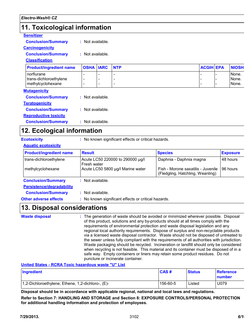Toxicological information, Ecological information, Disposal considerations | Chemtronics Electro-Wash CZ ES7100 User Manual | Page 6 / 10