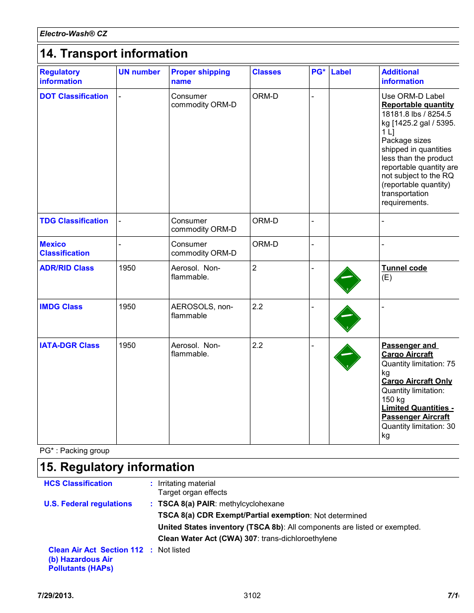 Transport information, Regulatory information | Chemtronics Electro-Wash CZ ES7100 User Manual | Page 7 / 10