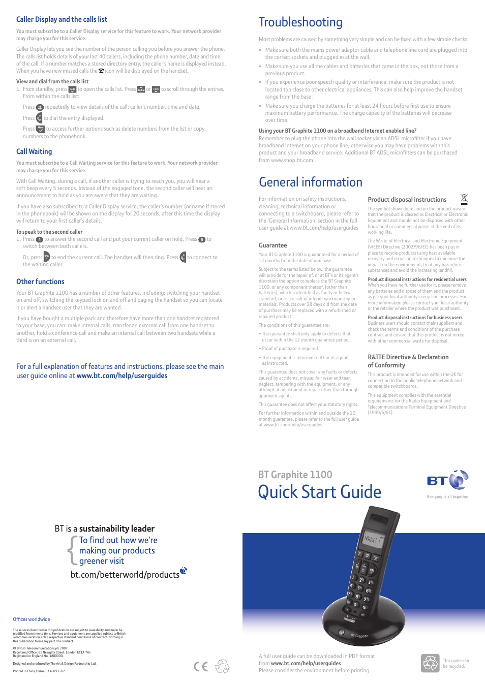 Quick start guide, General information, Troubleshooting | Bt graphite 1100 | BT GRAPHITE 1100 User Manual | Page 2 / 2