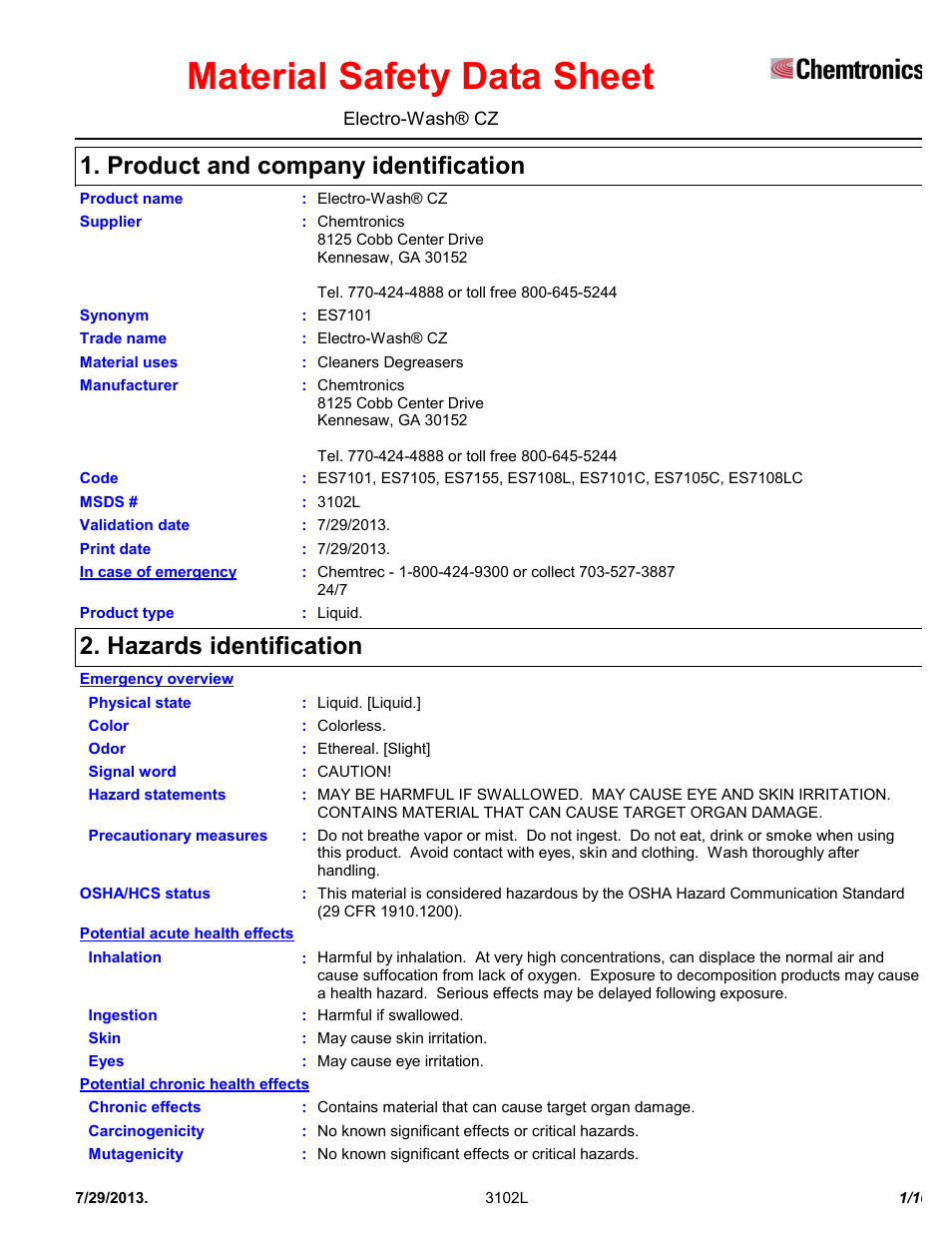 Chemtronics Electro-Wash CZ ES7101 User Manual | 10 pages
